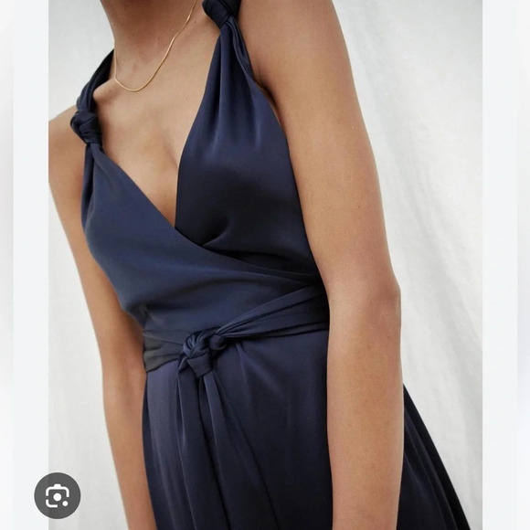 Nanushka Shanti Knot Detail Satin Midi Dress Sleeveless Wrap Navy Blue Size S - Picture 3 of 14